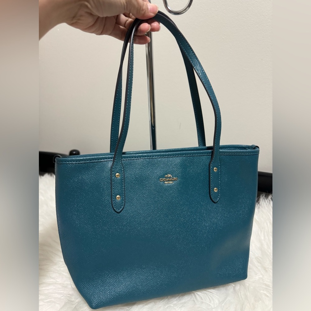 Coach Teal Saffiano Leather Tote - Gold Hardware
